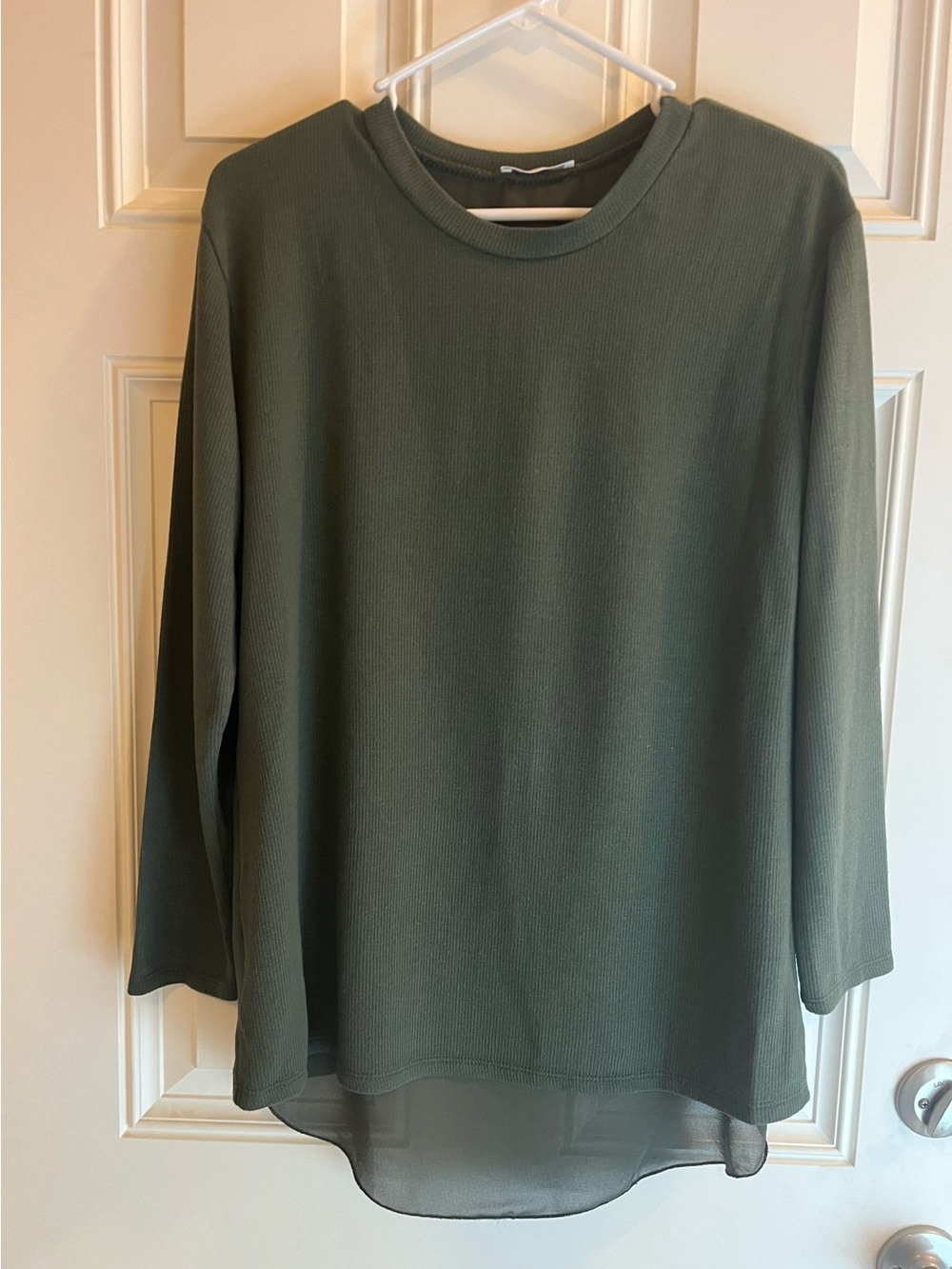 Women's Olive Green Long Sleeve Crewneck Top. Back covered with a sheer panel.